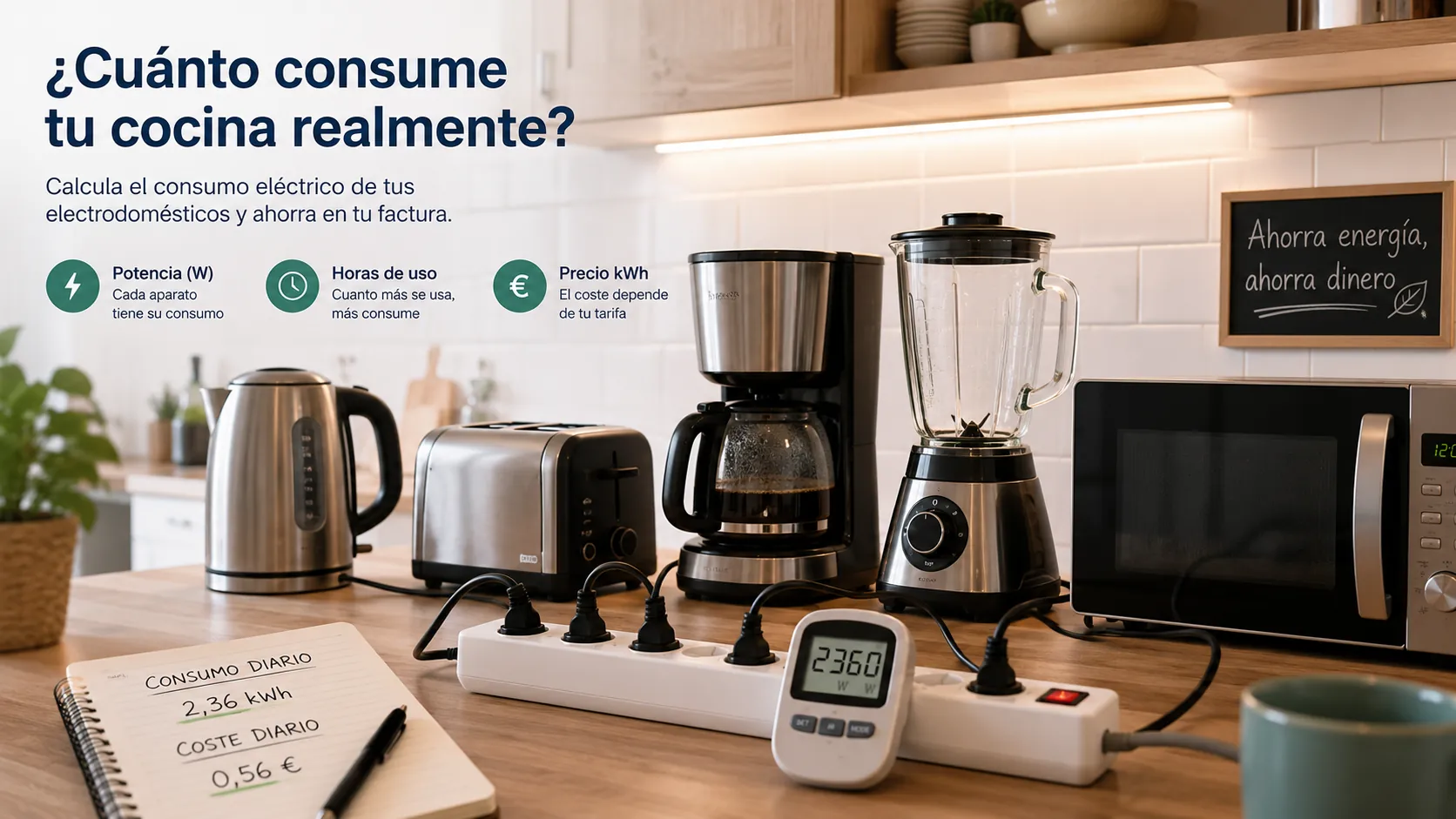 Varios electrodomésticos de cocina enchufados representando el consumo eléctrico del hogar