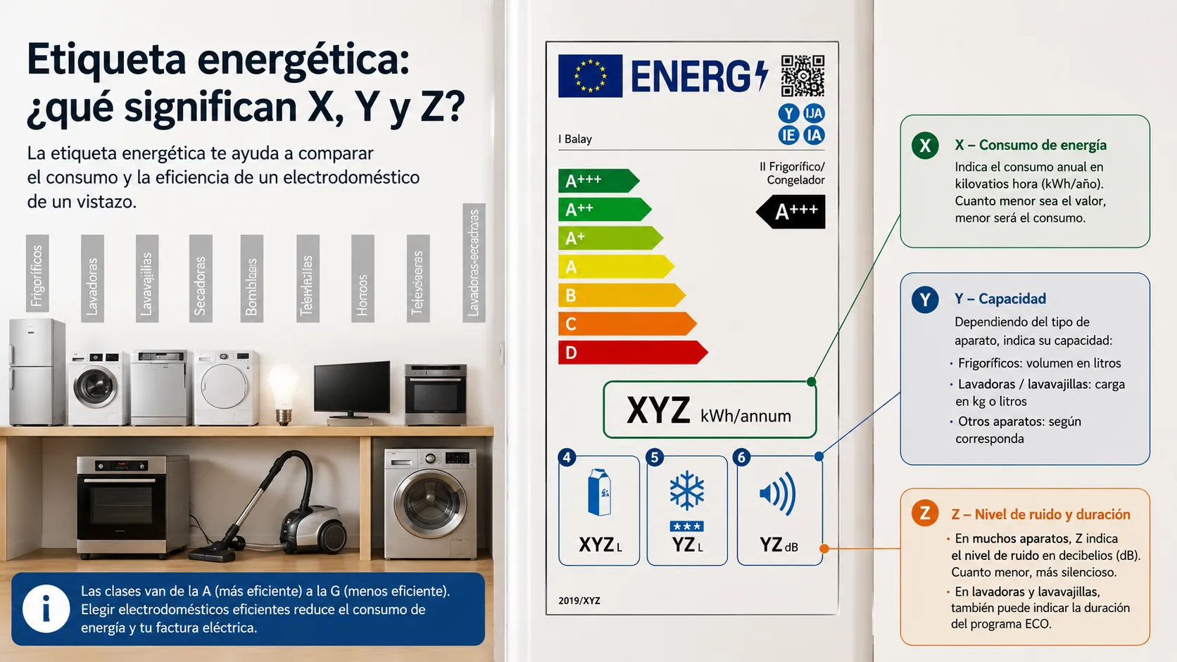 Etiqueta energética de un electrodoméstico mostrando el consumo en kWh