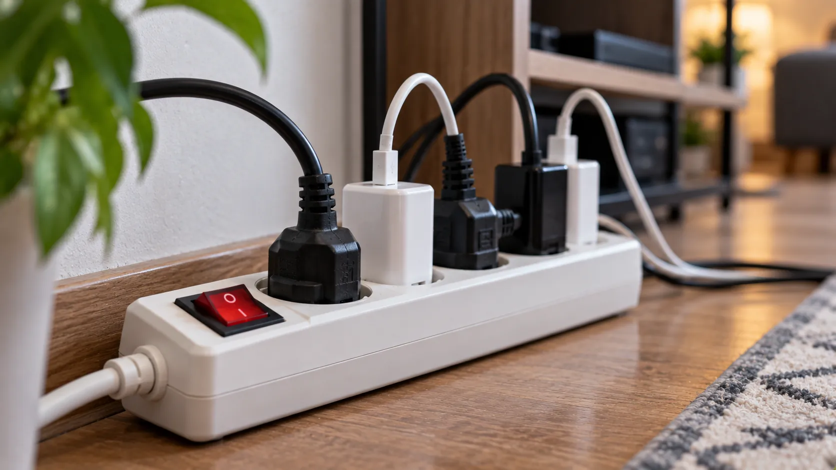 Regleta de enchufes con interruptor apagando varios aparatos electrónicos a la vez