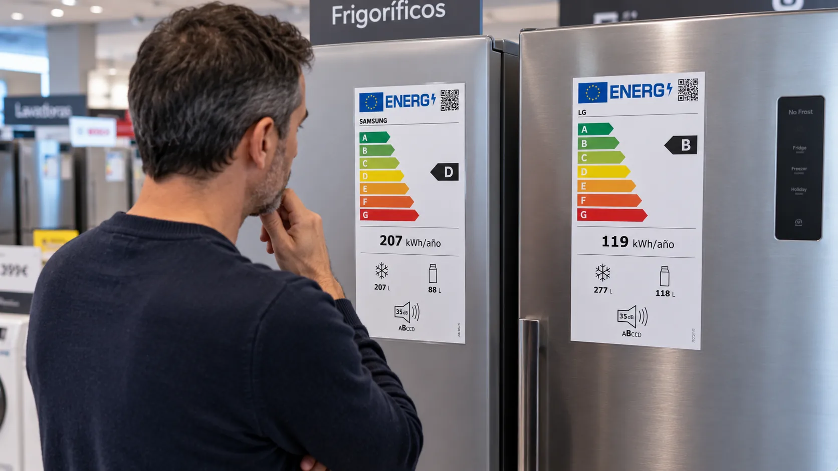 Persona comparando las etiquetas energéticas de dos frigoríficos distintos en una tienda
