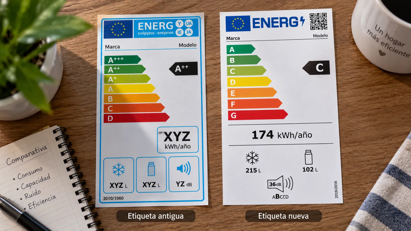 Comparación visual entre una etiqueta energética antigua con símbolos A+++ y una etiqueta nueva con escala A-G