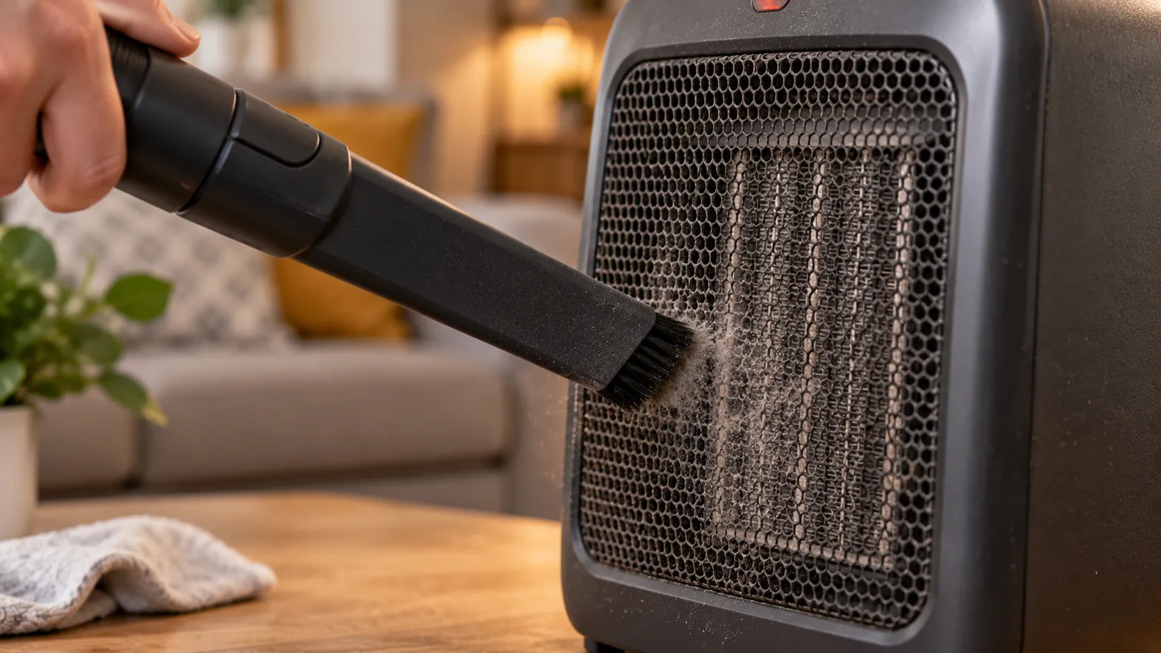 Persona limpiando con la boquilla de una aspiradora la rejilla de un calefactor eléctrico