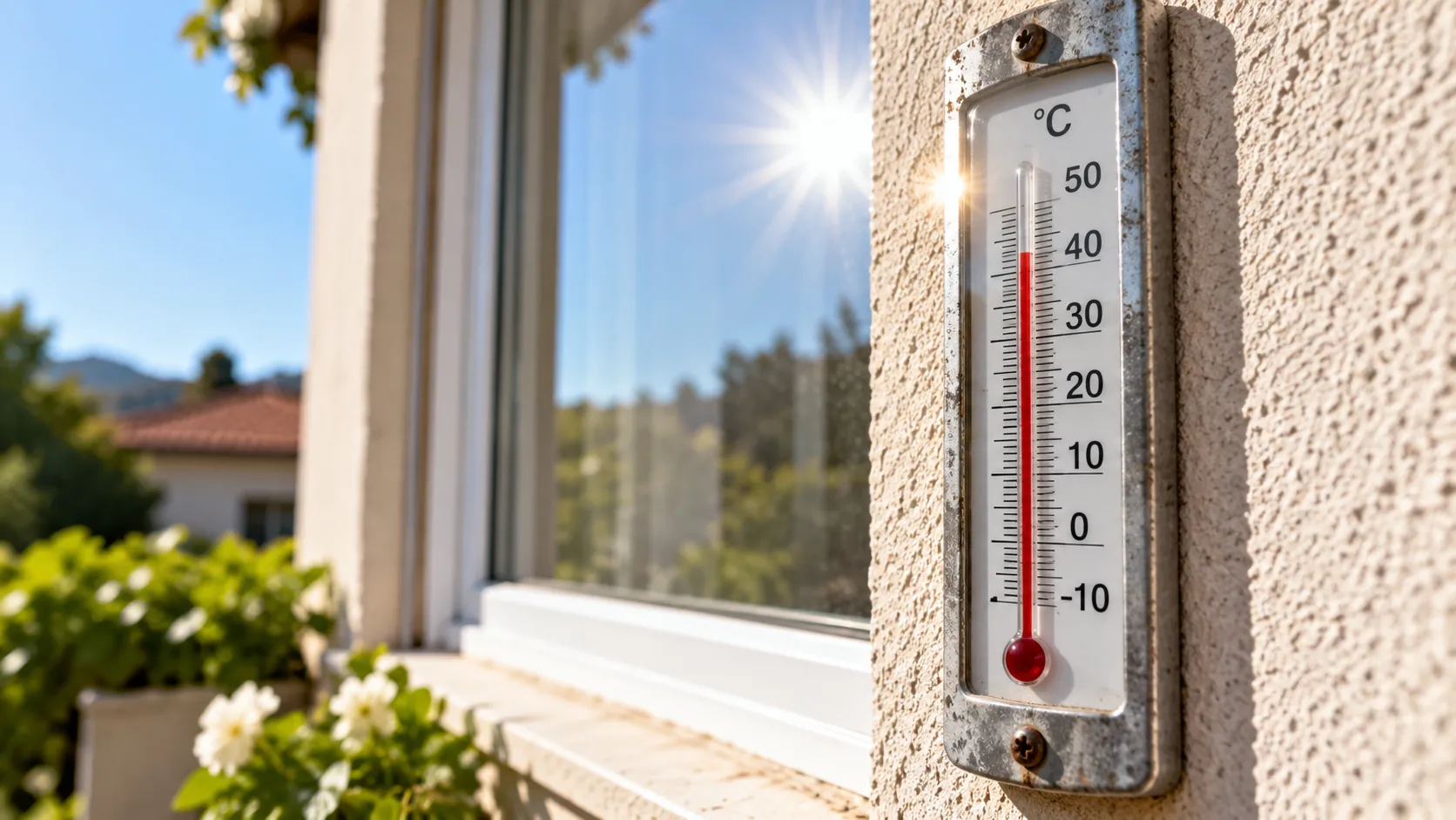Termómetro exterior marcando una temperatura muy alta junto a una ventana en pleno verano