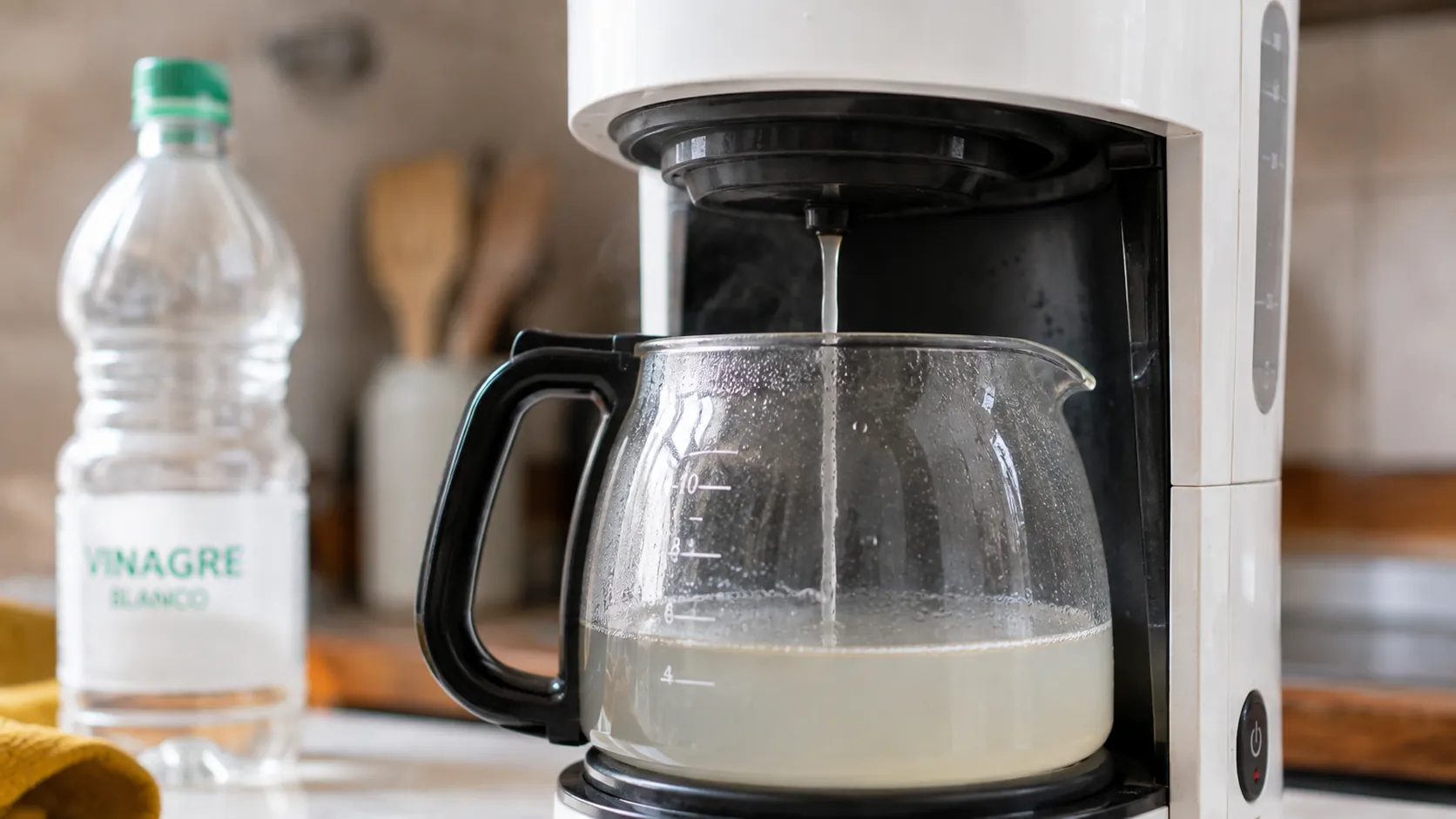 Cafetera ejecutando un ciclo de descalcificación con líquido saliendo por el surtidor