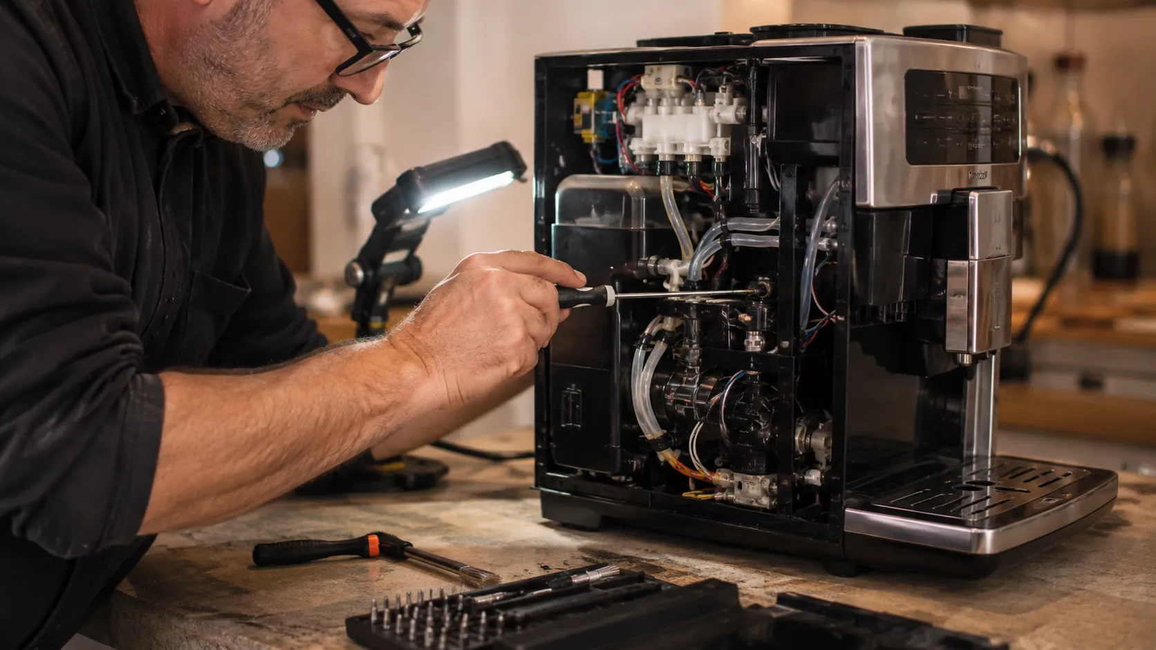 Técnico revisando el interior de una cafetera superautomática con un destornillador