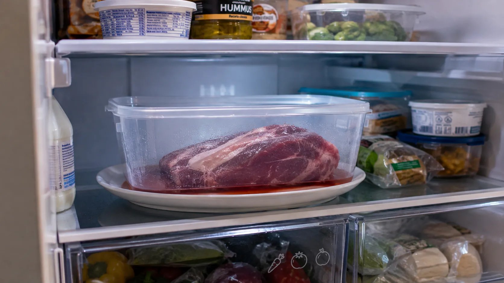 Carne descongelándose dentro de un recipiente en la balda del frigorífico, método seguro de descongelación