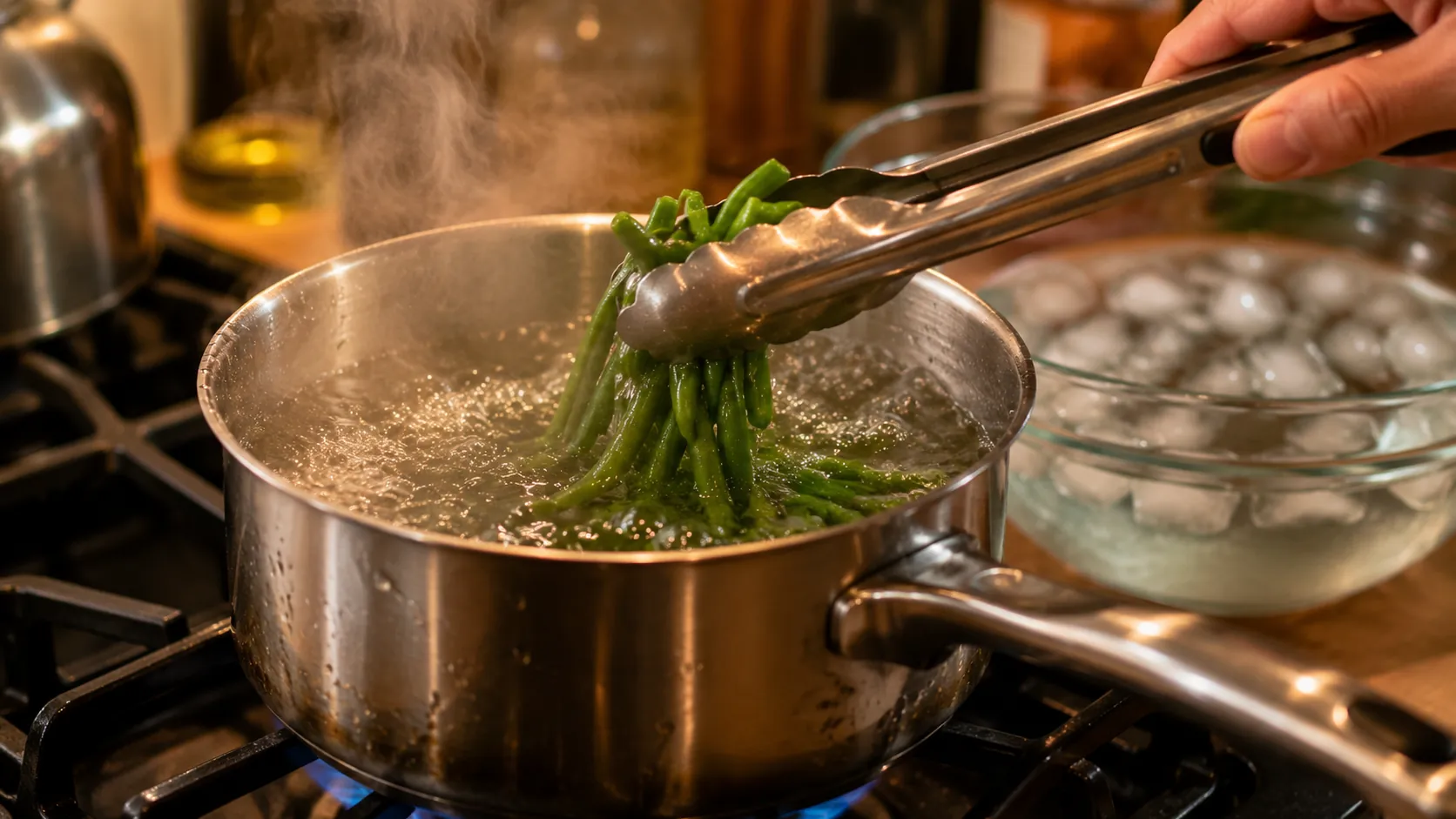 Verduras siendo escaldadas en agua hirviendo antes de congelarlas en bolsas