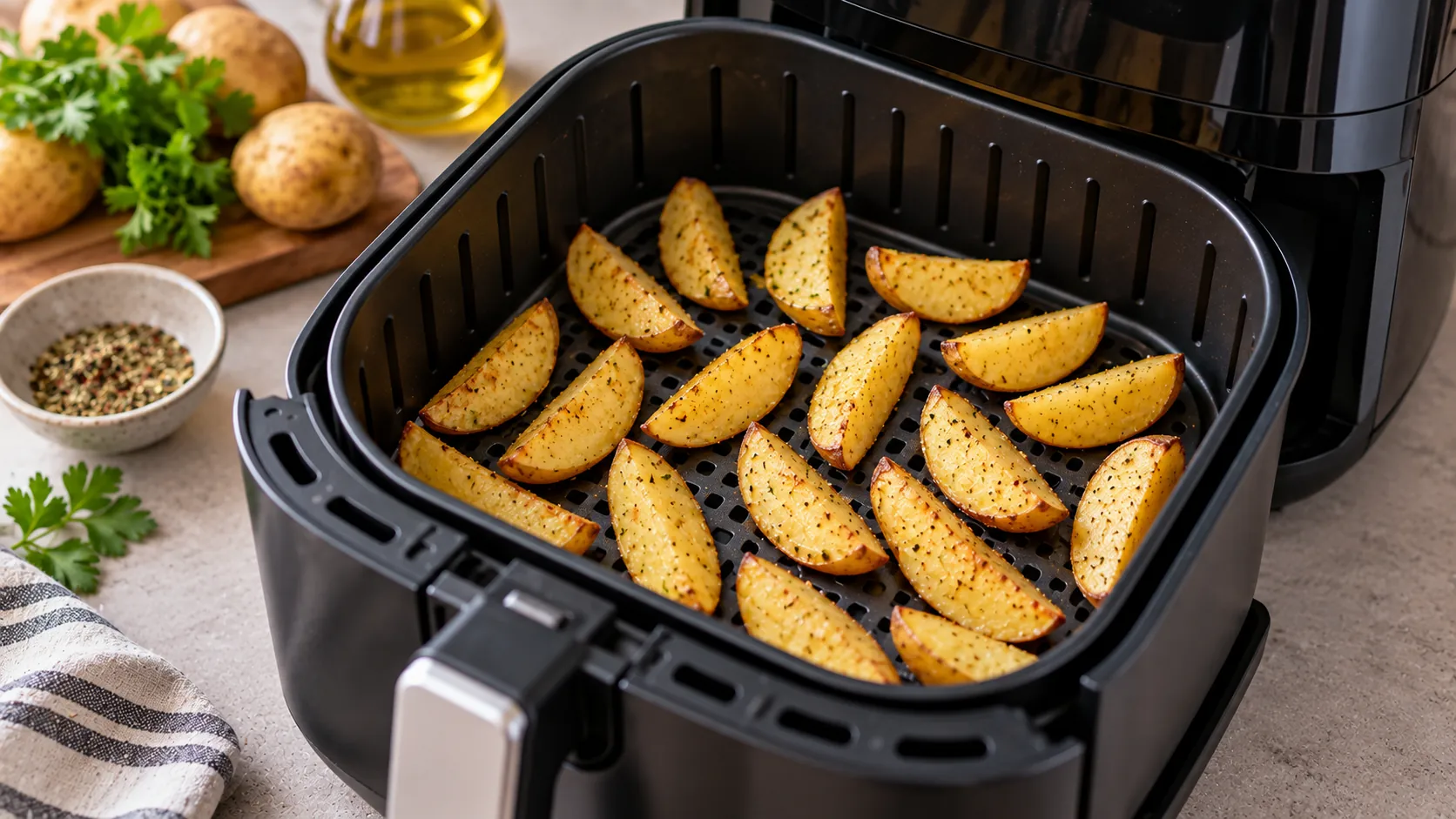 Cesta de freidora de aire con patatas distribuidas dejando espacio para circular el aire
