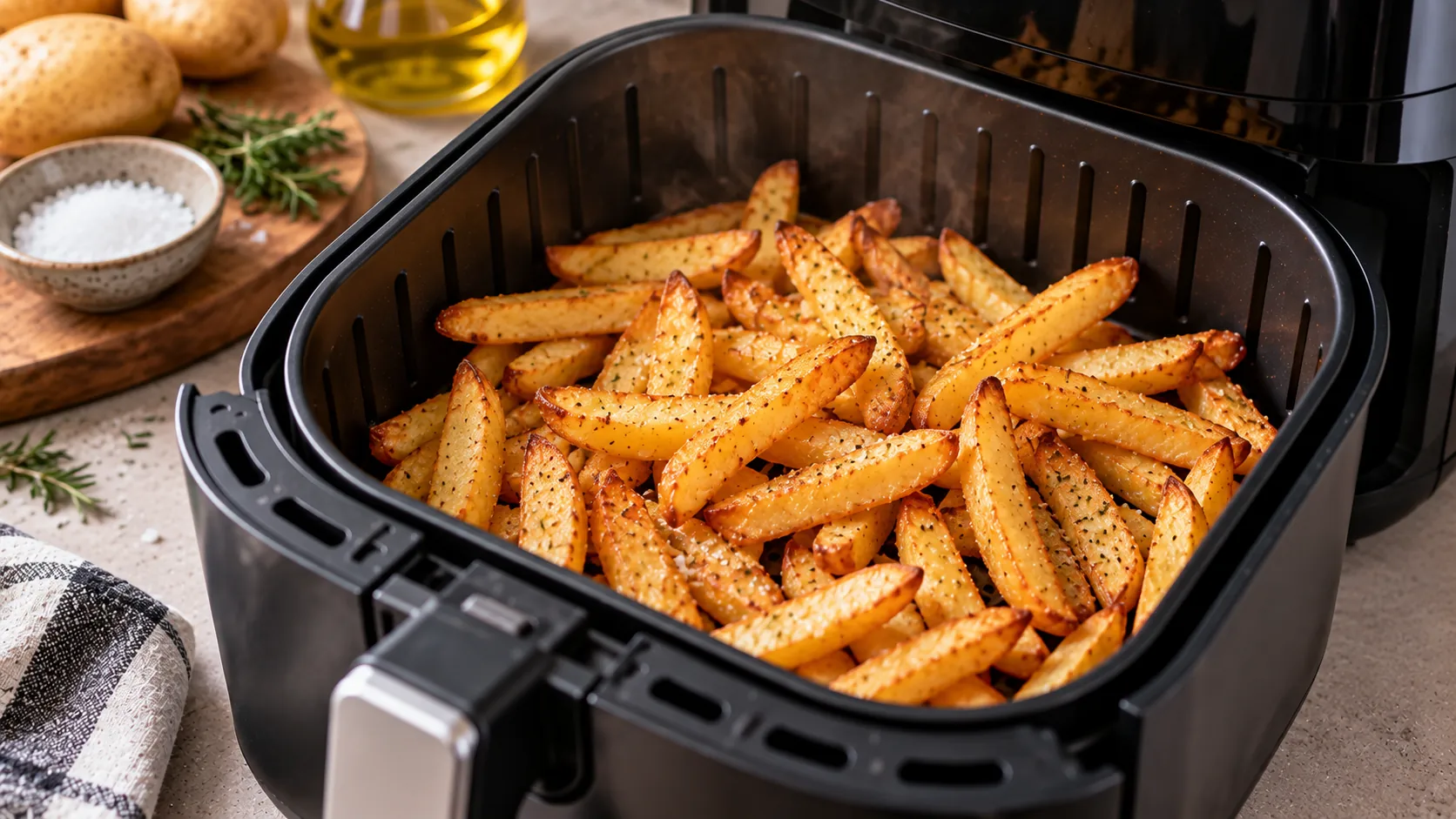 Patatas doradas y crujientes recién hechas en una freidora de aire