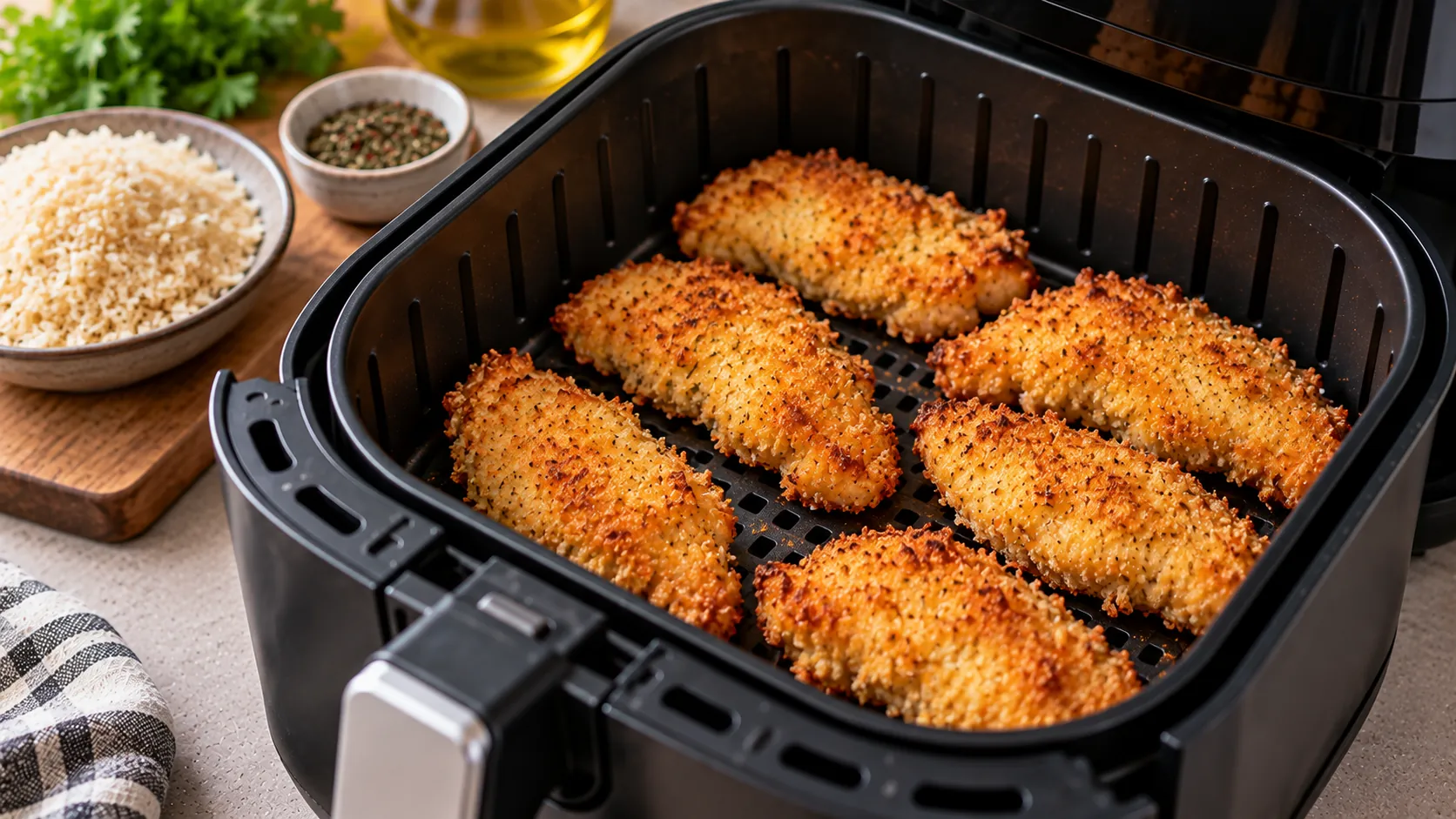 Piezas empanadas con panko dorándose dentro de una freidora de aire