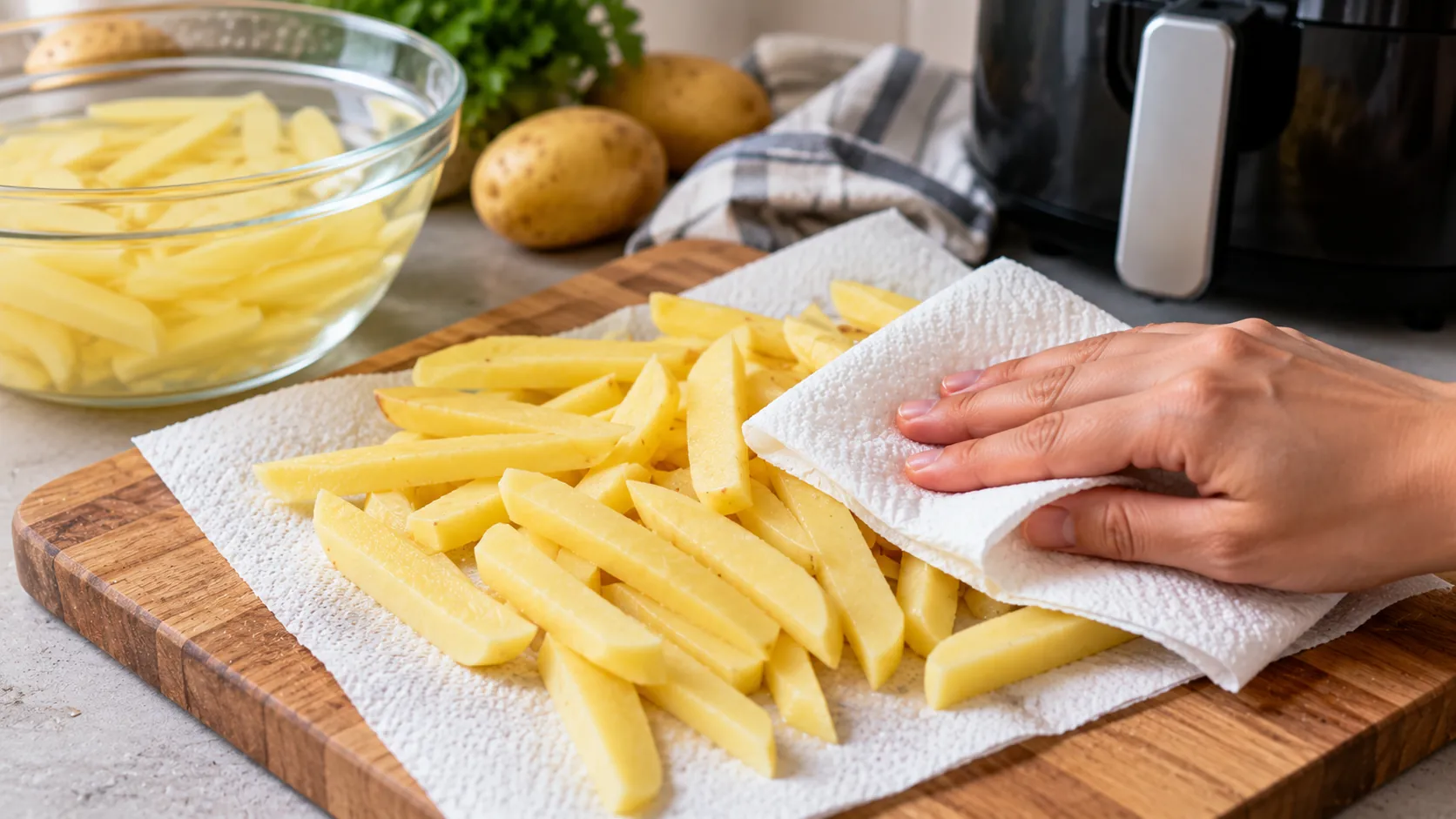 Patatas recién cortadas secándose con papel de cocina antes de entrar en la freidora de aire