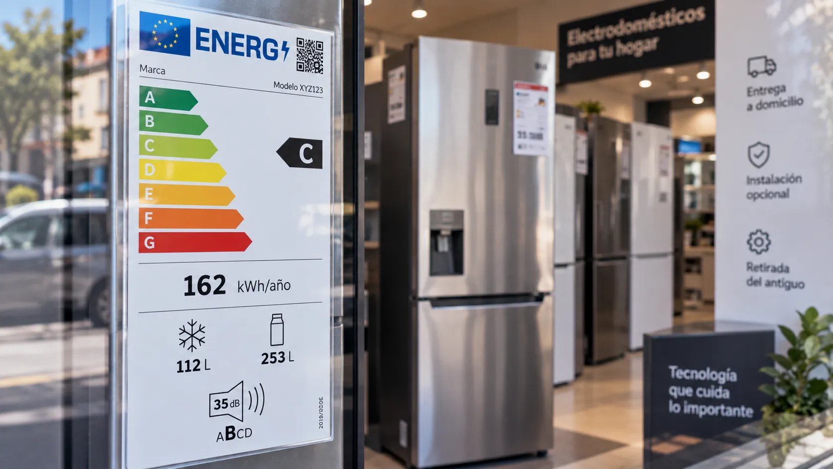 Etiqueta energética de un frigorífico nuevo en una tienda de electrodomésticos