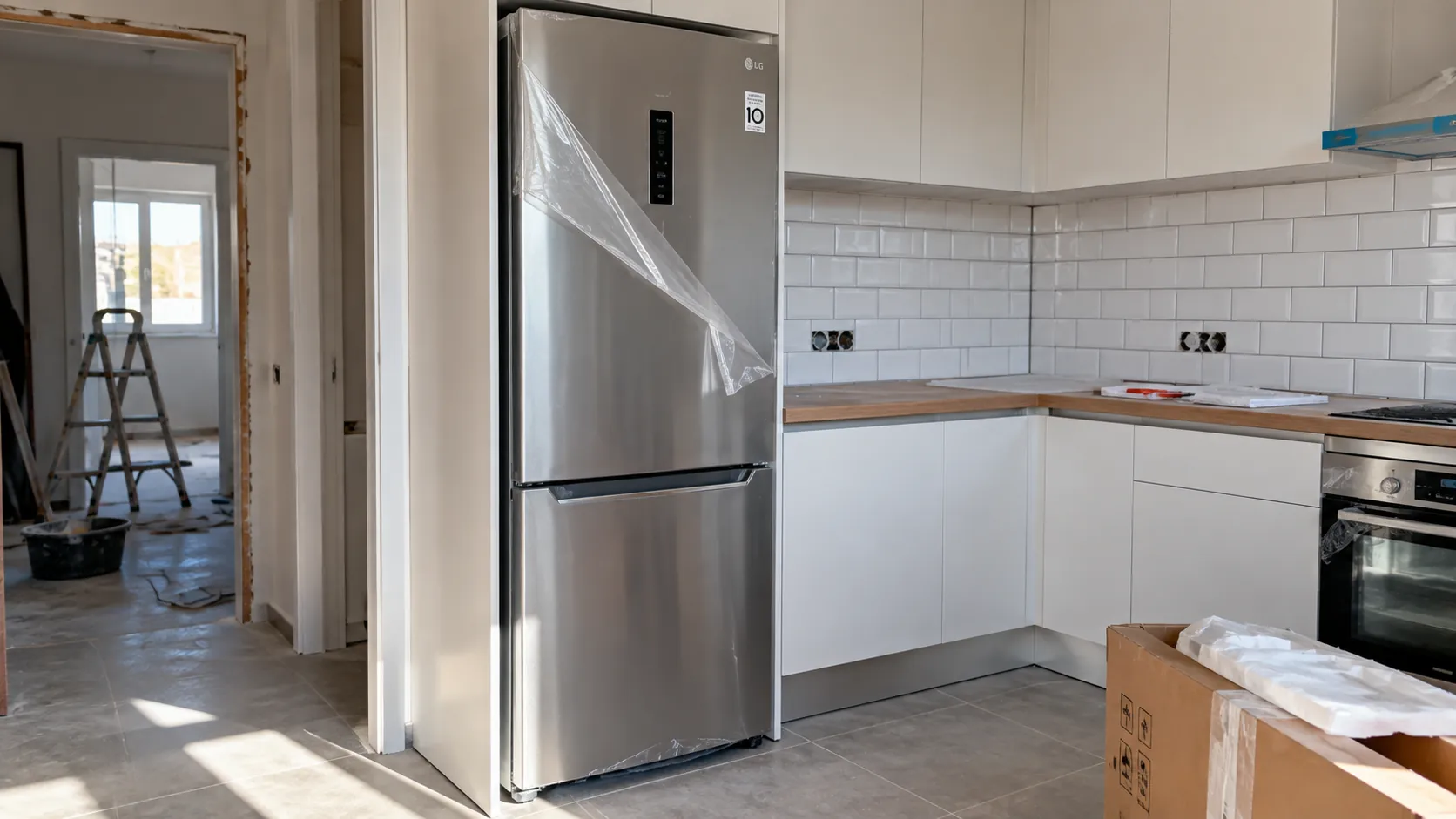Frigorífico nuevo de clase energética alta recién instalado en una cocina reformada