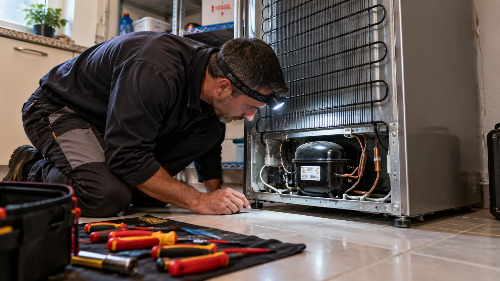 Técnico revisando el compresor de un frigorífico antiguo en una cocina