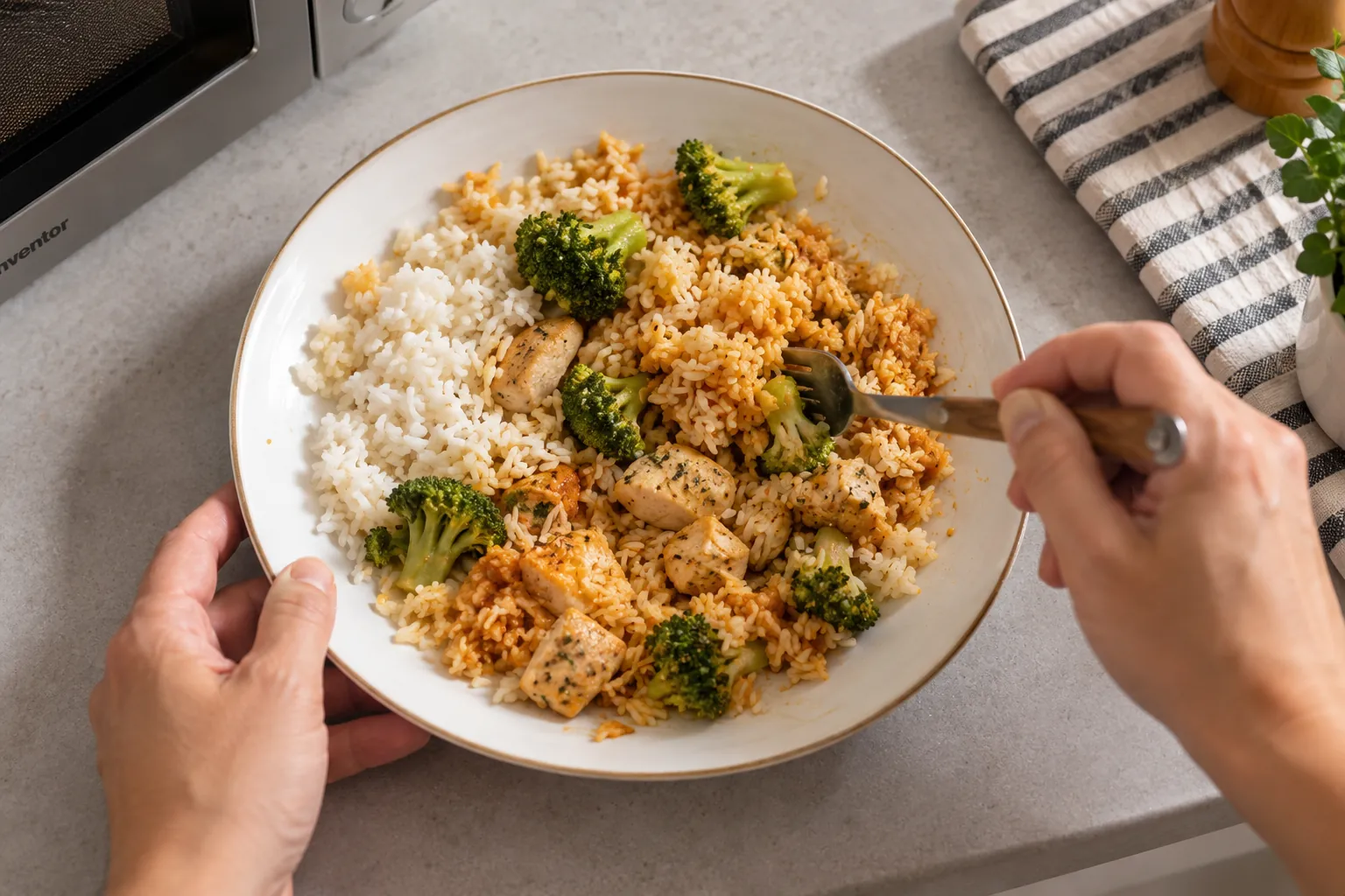 Persona removiendo arroz, pollo y verduras después de calentarlos en el microondas