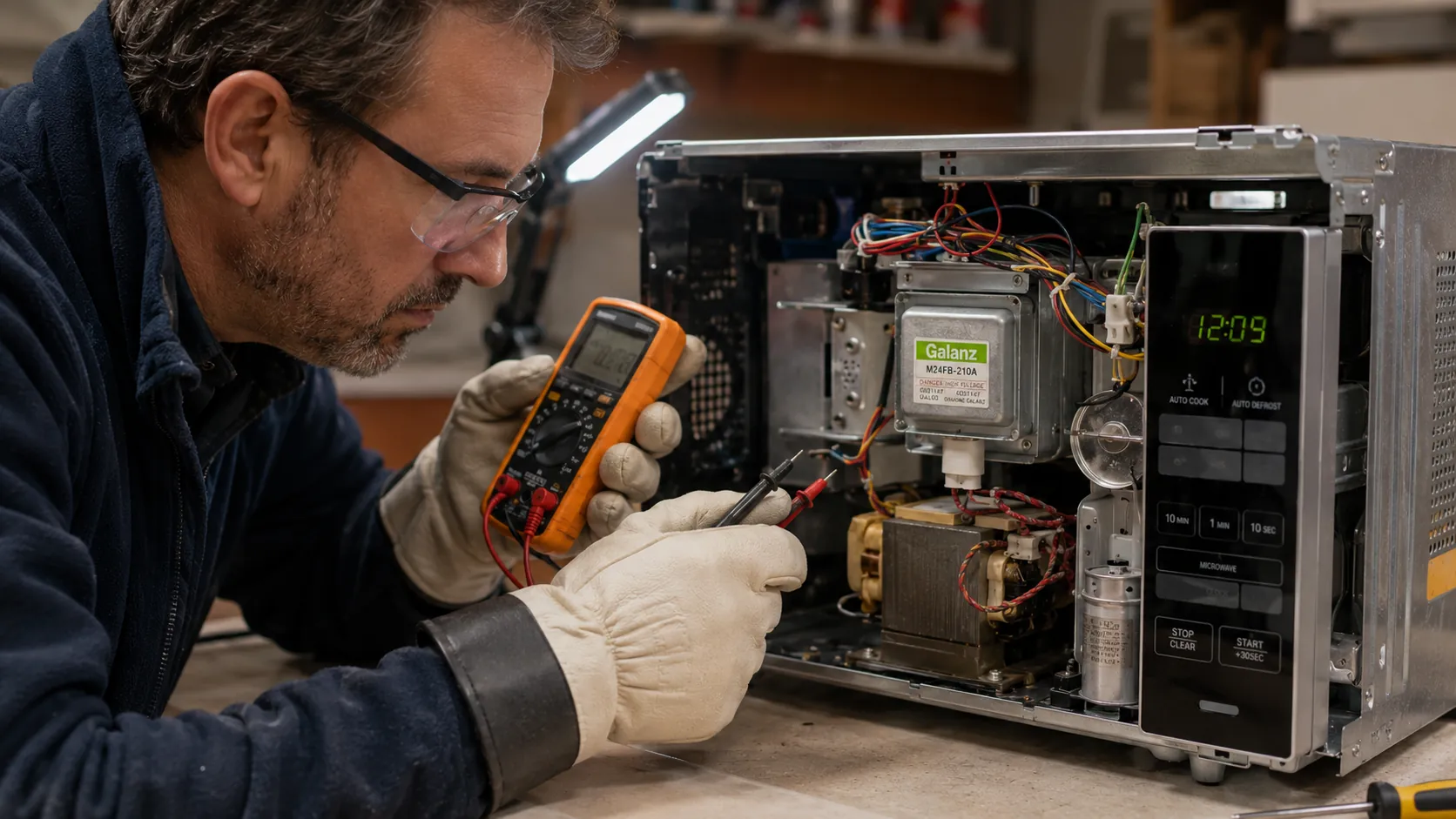 Técnico con protección revisando el interior de un microondas con la carcasa desmontada