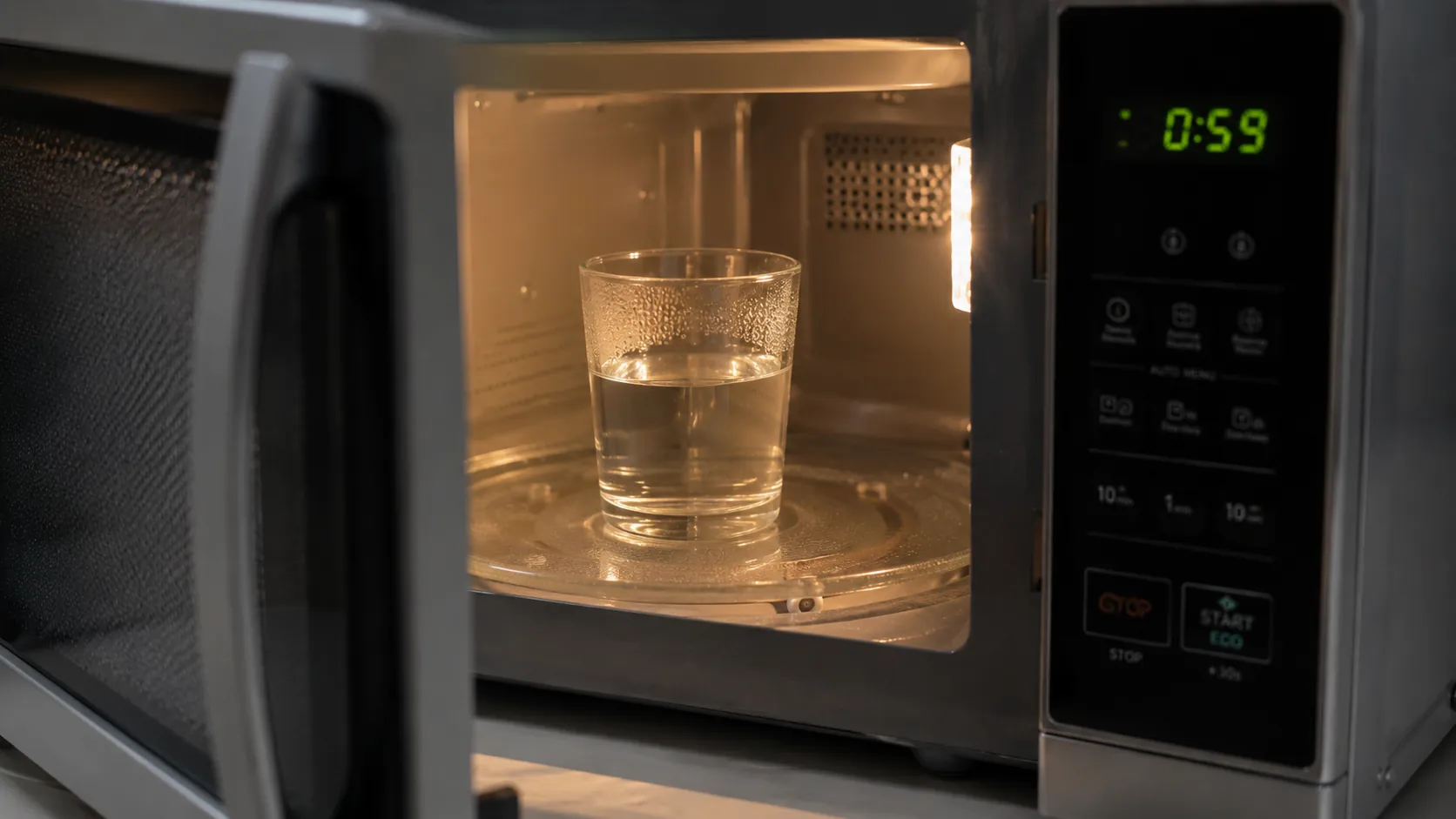 Vaso de agua dentro del microondas durante una prueba sencilla de calentamiento