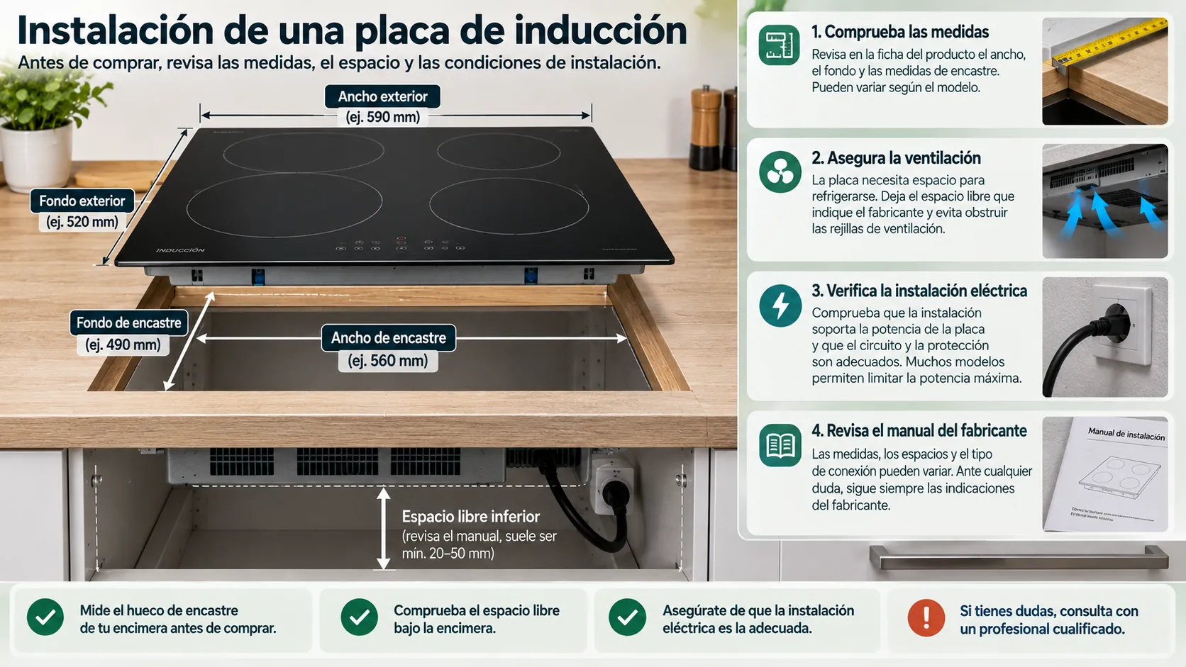 Instalación de una placa de inducción mostrando el hueco de encastre y el espacio inferior del mueble