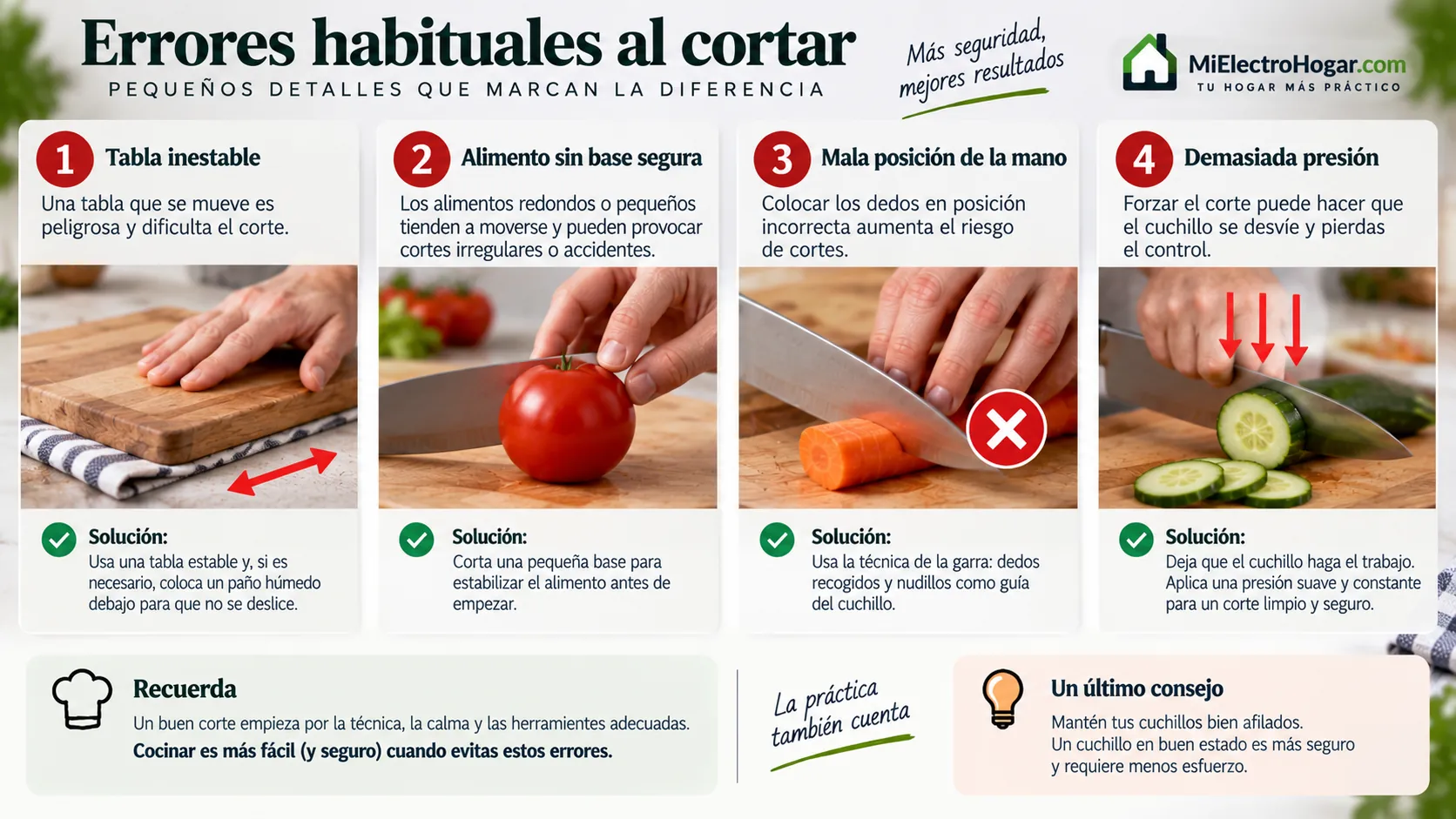 Errores habituales al cortar alimentos con cuchillo sobre una tabla de cocina
