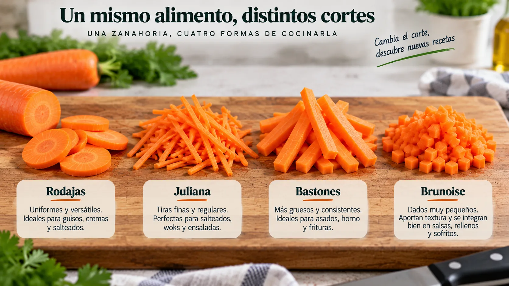 Una misma zanahoria cortada en rodajas, juliana, bastones y brunoise