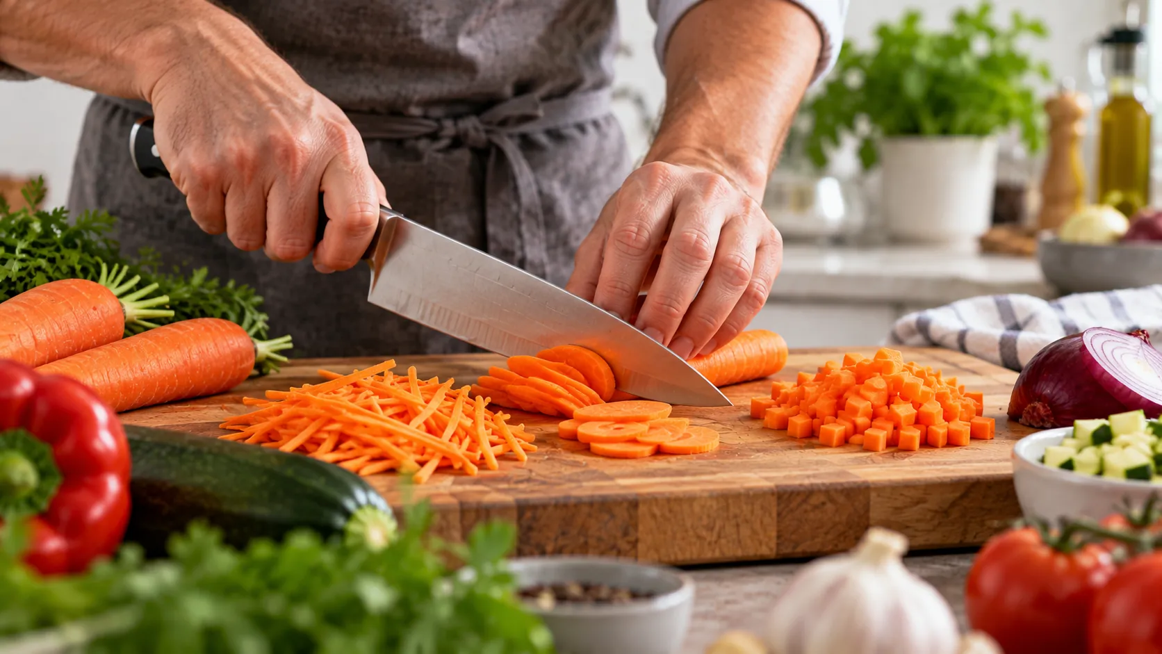 Técnicas de corte de alimentos con cuchillo de cocina