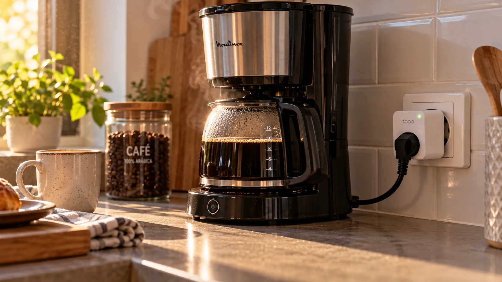 Enchufe inteligente conectado a una cafetera programada para encenderse por la mañana