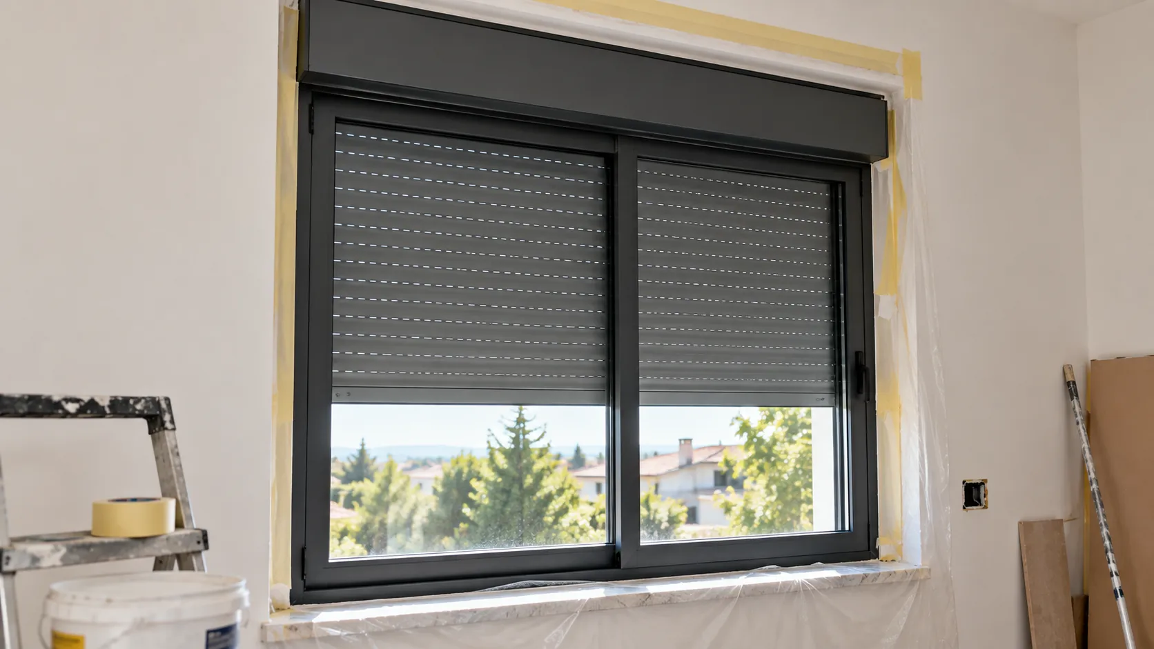 Persiana motorizada nueva de fábrica recién instalada en una ventana durante una reforma