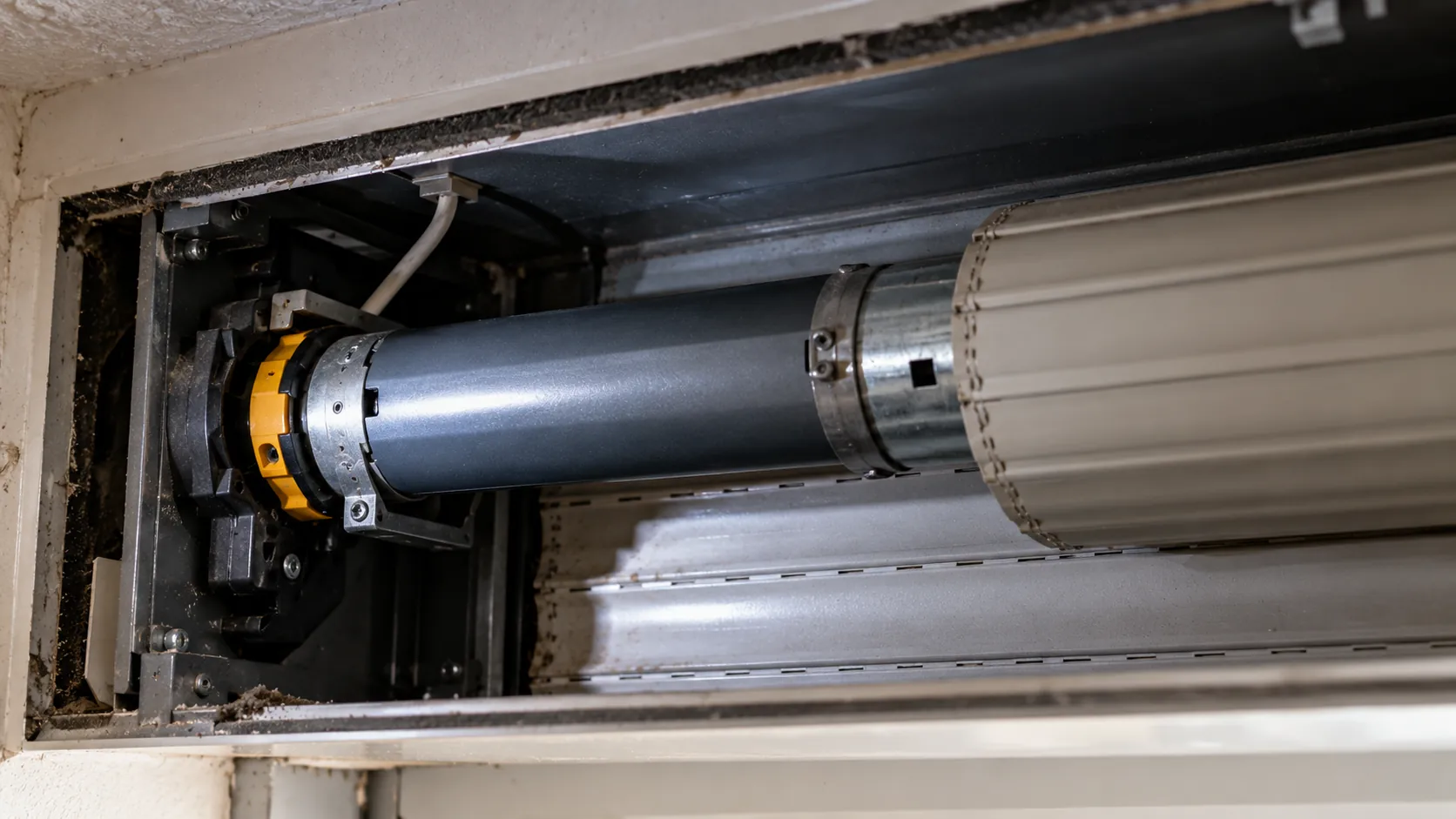 Motor tubular de persiana visible en el interior de la caja de recogida, junto al eje enrollador