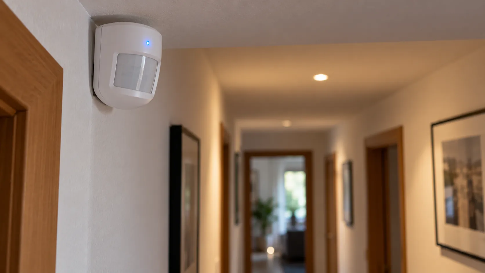 Sensor de movimiento PIR instalado en la esquina de un pasillo