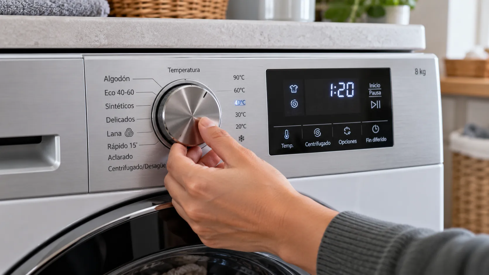 Panel de programas de una lavadora mostrando la temperatura seleccionada