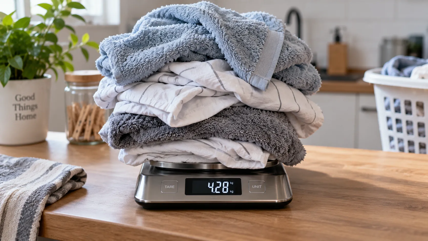 Ropa pesada en una báscula para comprobar la capacidad de una lavadora