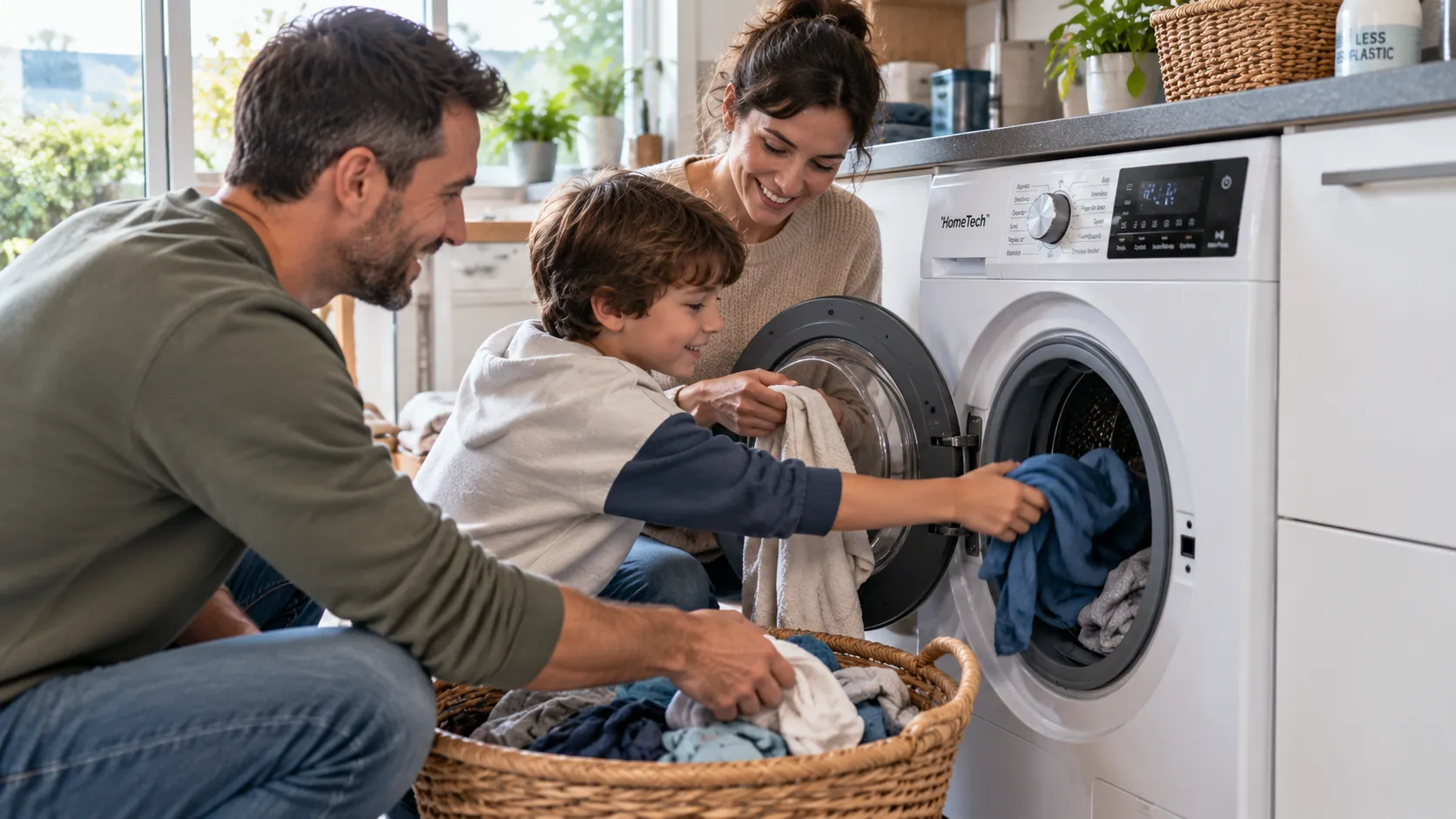 Familia cargando ropa en una lavadora de gran capacidad