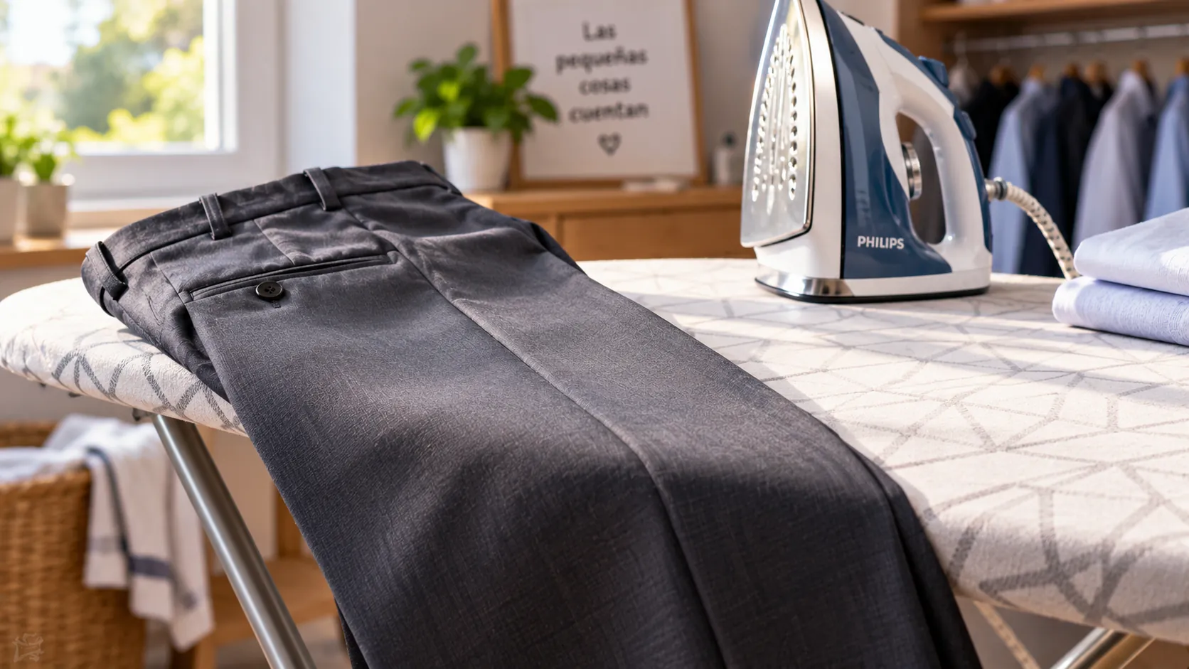 Pantalón con la raya marcada tras plancharlo con una plancha tradicional sobre la tabla