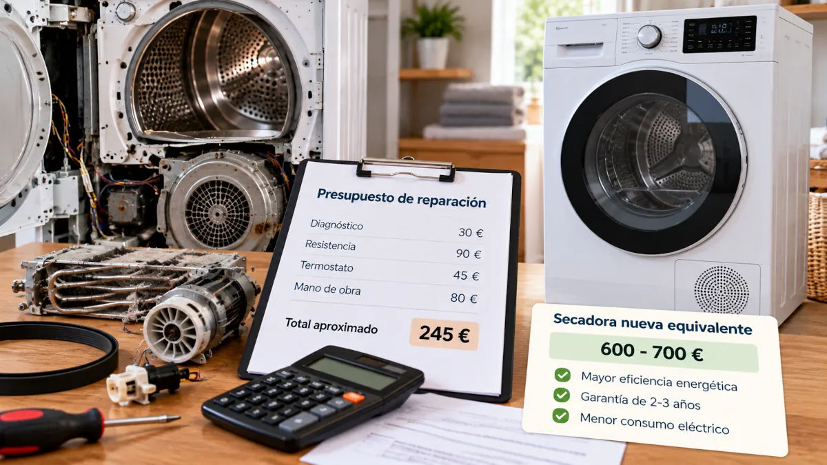 Presupuesto de reparación de una secadora comparado con el precio de una nueva equivalente