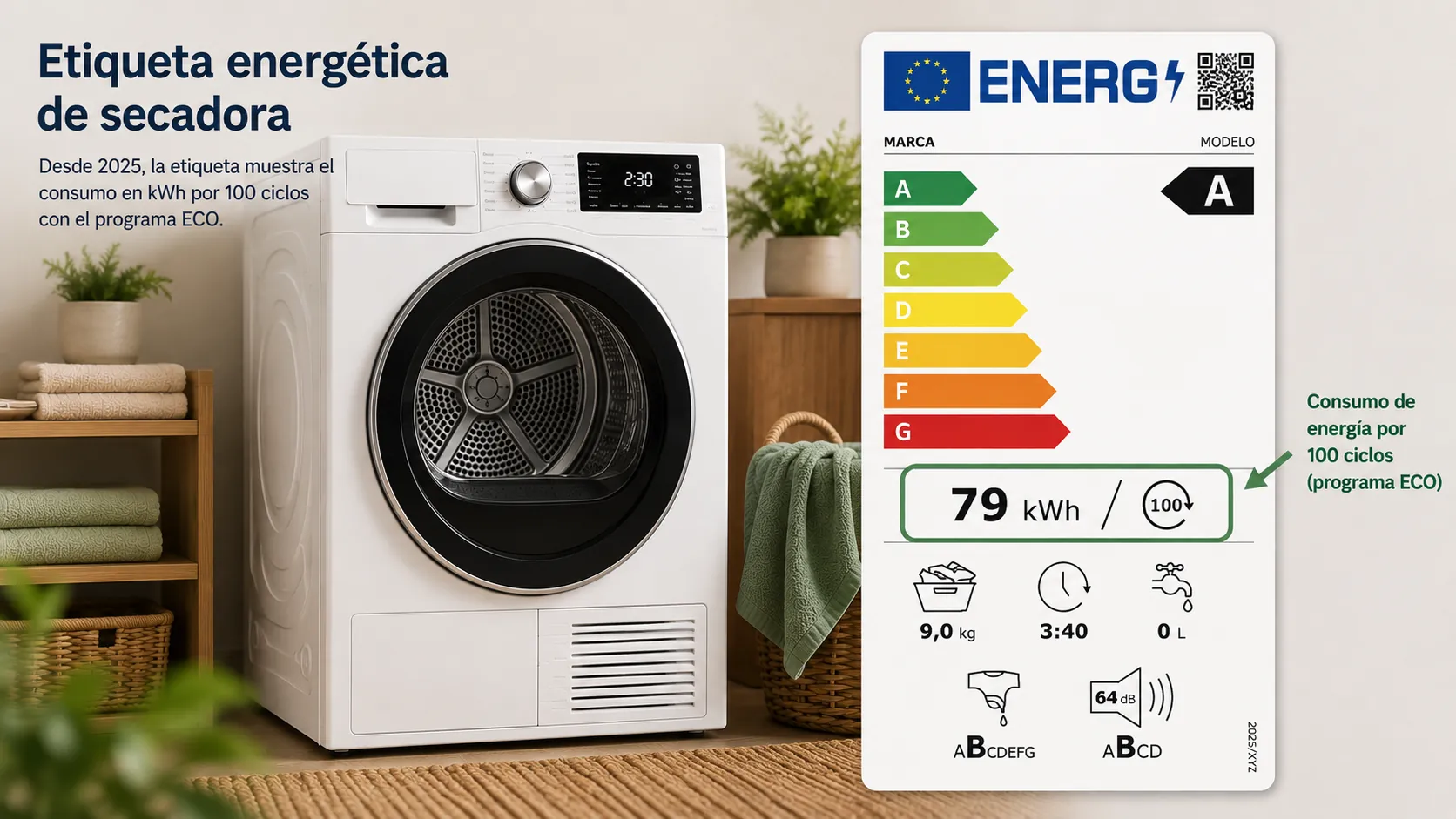 Etiqueta energética de secadora con el consumo en kWh por 100 ciclos destacado