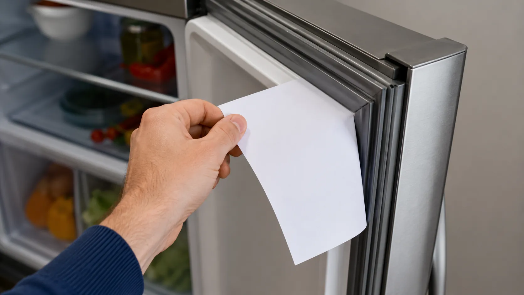 Prueba del papel para comprobar el sellado de la goma de la puerta de un frigorífico: una hoja de papel sujeta entre la puerta cerrada y el marco