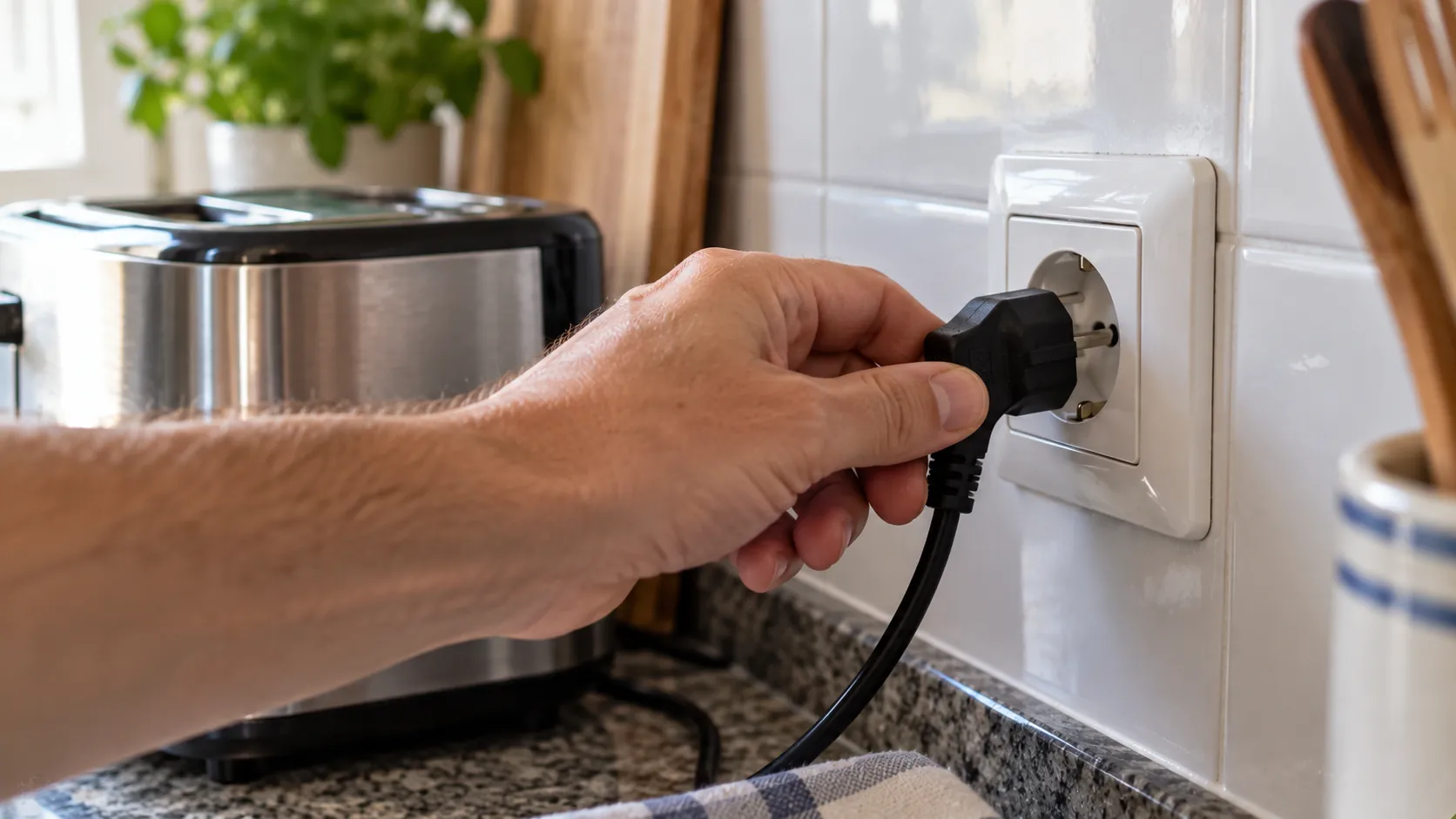Persona conectando un electrodoméstico a un enchufe de pared para comprobar si hace saltar el diferencial