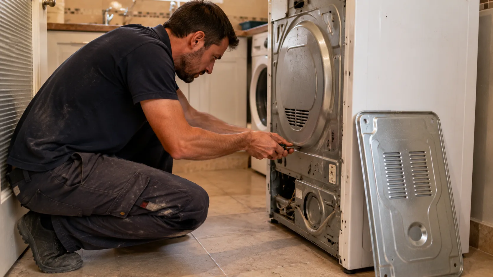 Técnico agachado reparando la parte trasera de una lavadora con un destornillador