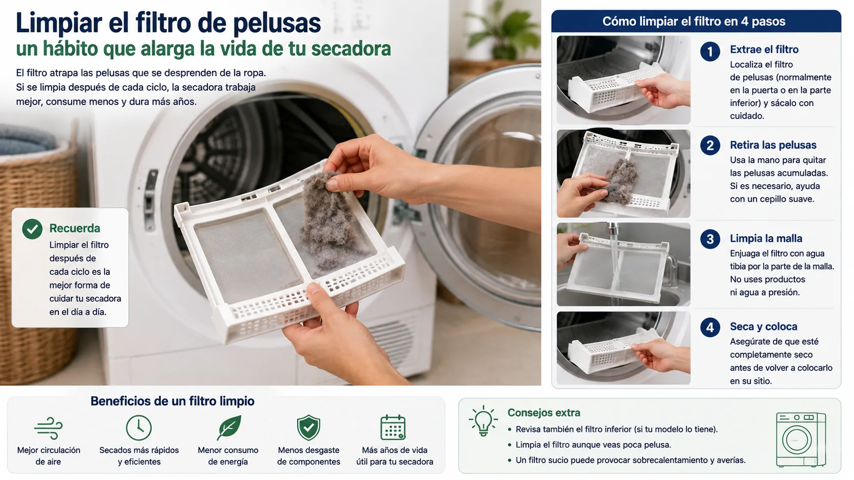 Limpieza del filtro de pelusas como hábito de mantenimiento periódico